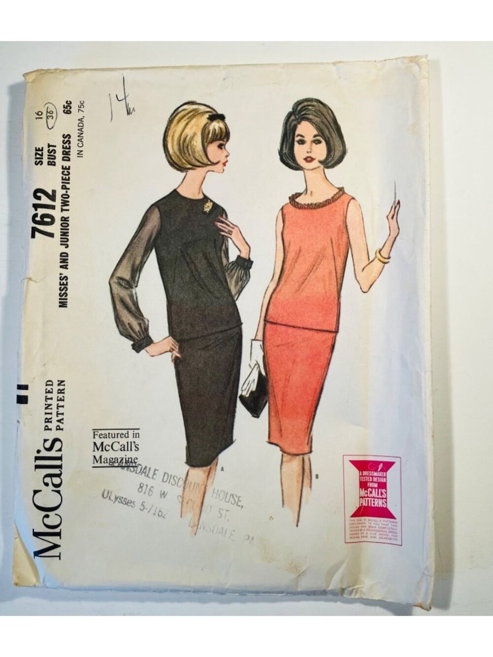 60s McCalls 7612 Sz 16 B36 Two-Piece Dress Pattern Bateau Neck Sheer Sleeves CC